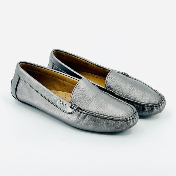 Ralph Lauren Caitlyn Gunmetal Metallic Leather Driving Loafers - Picture 1 of 9